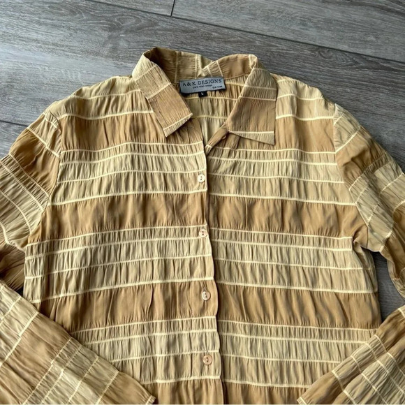A&K Designs Tan Beige Smocked Button Down  Blouse - Picture 7 of 15